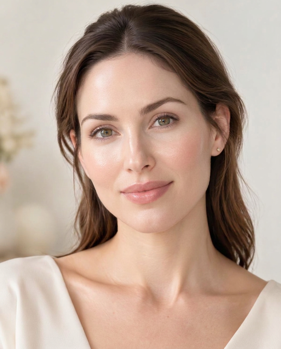 Illustrative portrait of a woman with luminous, naturally textured skin